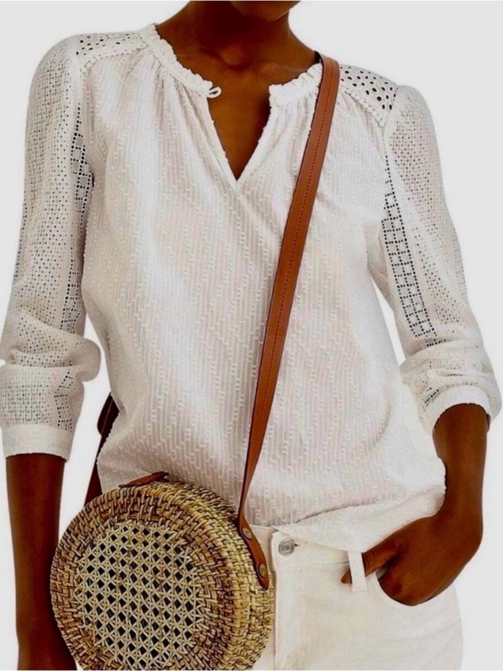 NWOT, J Crew Cotton Point Sur Mixed Embroidered Eyelet Popover, White, Size XL